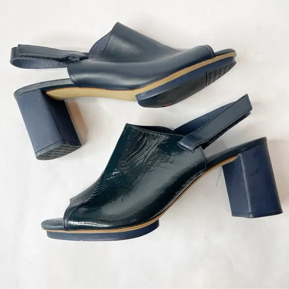 Camper Chunky Heel Leather Twins Navy Open Toe Slingback Heel