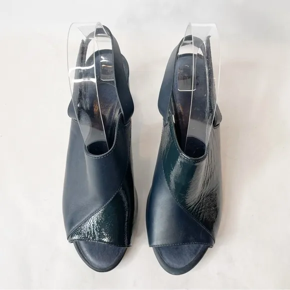 Camper Chunky Heel Leather Twins Navy Open Toe Slingback Heel