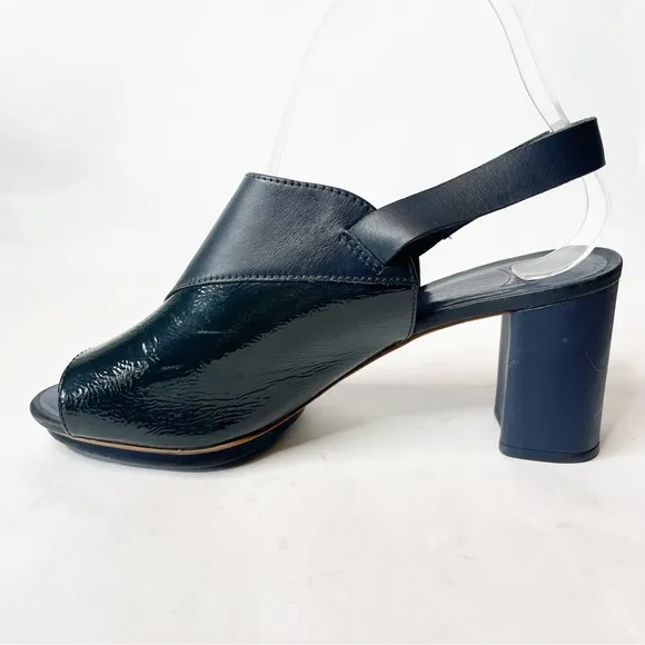 Camper Chunky Heel Leather Twins Navy Open Toe Slingback Heel