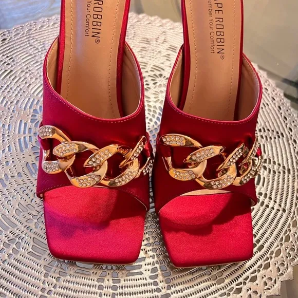 Cape Robbin Sexy Stiletto Open Toe Red Heels with Gold Chain Detail