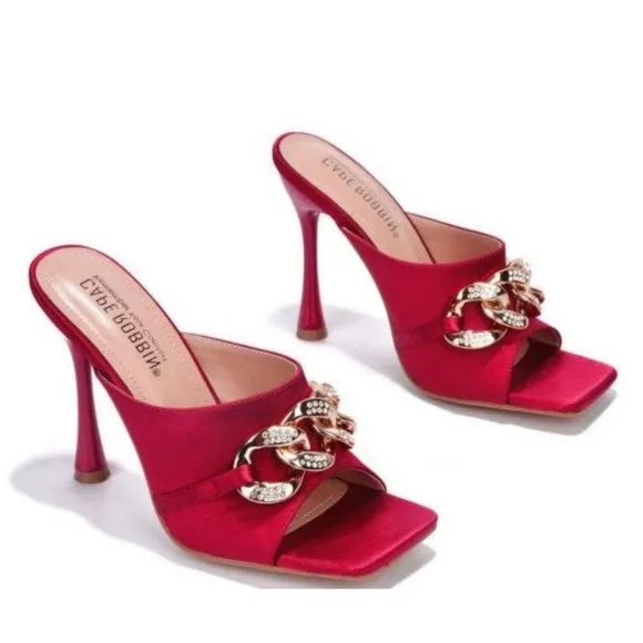 Cape Robbin Sexy Stiletto Open Toe Red Heels with Gold Chain Detail