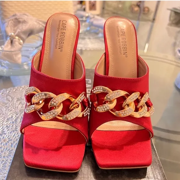 Cape Robbin Sexy Stiletto Open Toe Red Heels with Gold Chain Detail