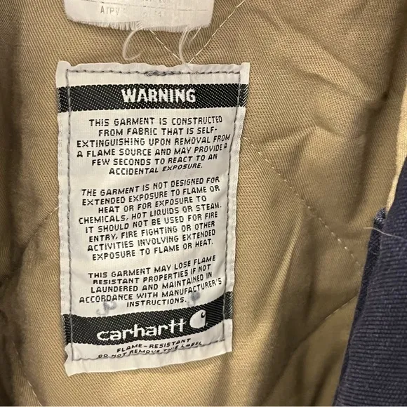 Carhartt Flame Resistant Duck Quilt Lined Hooded Jacket in Dark Navy size XL