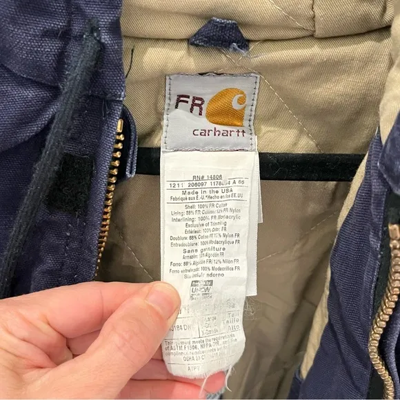 Carhartt Flame Resistant Duck Quilt Lined Hooded Jacket in Dark Navy size XL