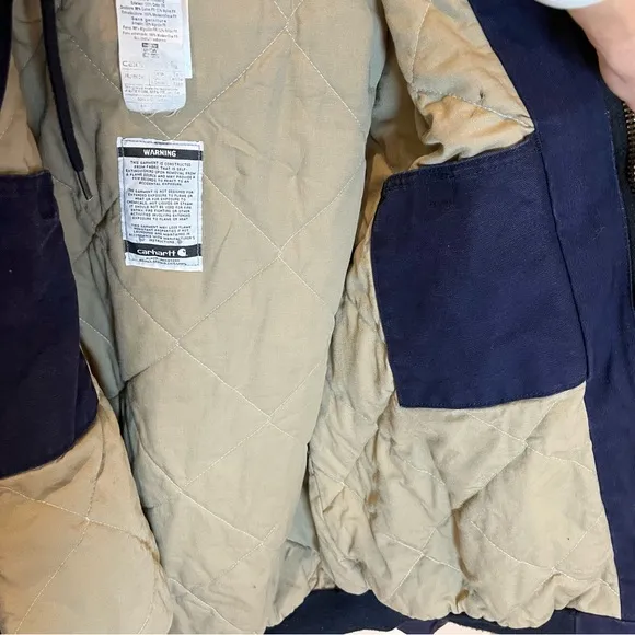 Carhartt Flame Resistant Duck Quilt Lined Hooded Jacket in Dark Navy size XL