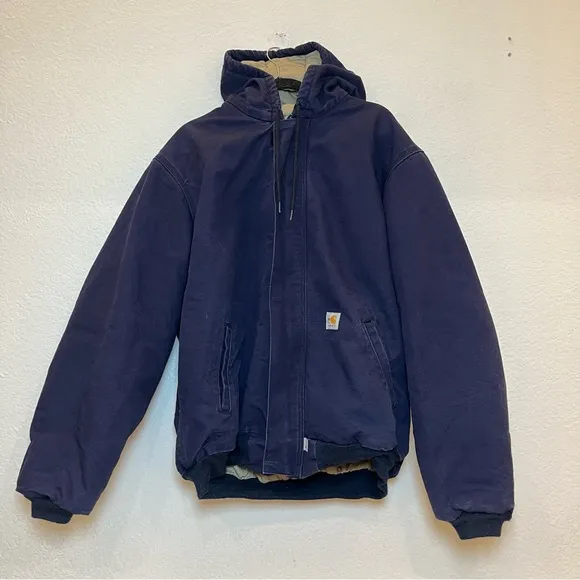 Carhartt Flame Resistant Duck Quilt Lined Hooded Jacket in Dark Navy size XL