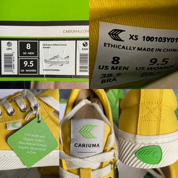 Cariuma Yellow Canvas OCA Low Top Unisex Men 8/Women 9.5 New Sustainable