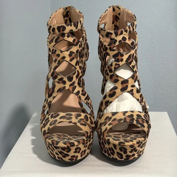 Cathy Jean Leopard Print Open Toe Ankle Platform Bootie Heels