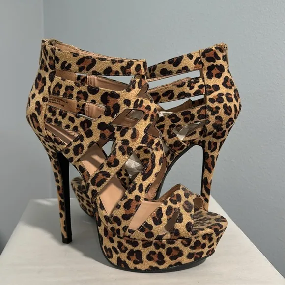 Cathy Jean Leopard Print Open Toe Ankle Platform Bootie Heels
