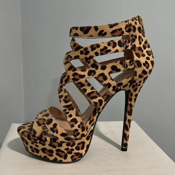 Cathy Jean Leopard Print Open Toe Ankle Platform Bootie Heels