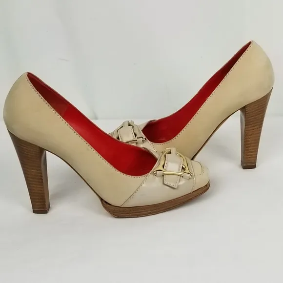 Celine Nude Leather Block Heels Pumps size 37