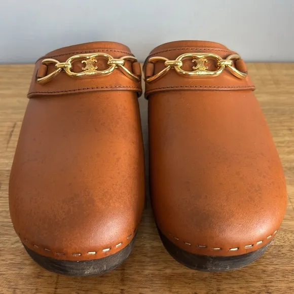 Celine Tan Leather Mule Clogs with Wooden Sole