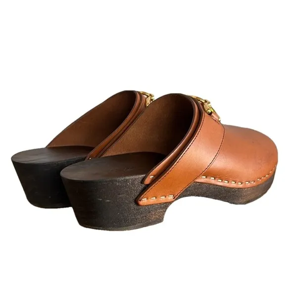 Celine Tan Leather Mule Clogs with Wooden Sole