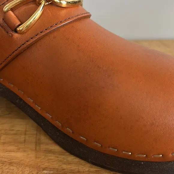 Celine Tan Leather Mule Clogs with Wooden Sole
