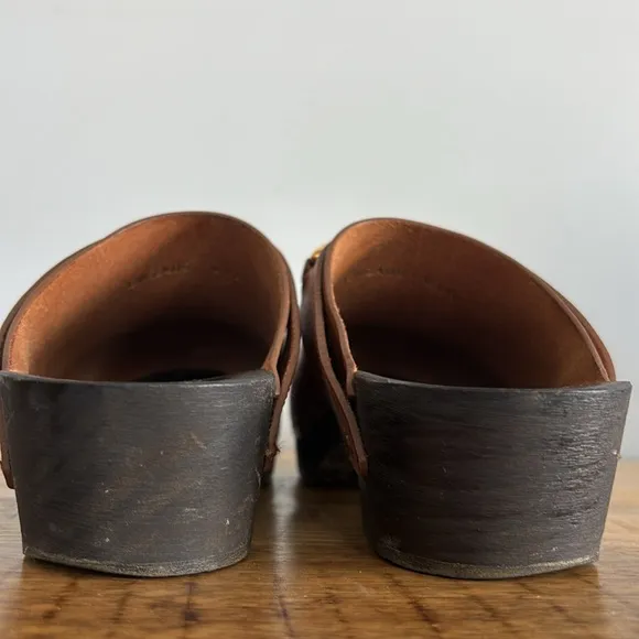 Celine Tan Leather Mule Clogs with Wooden Sole