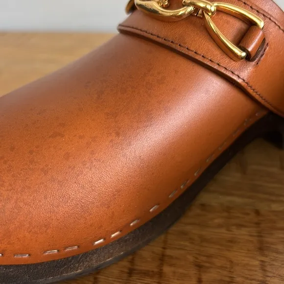 Celine Tan Leather Mule Clogs with Wooden Sole