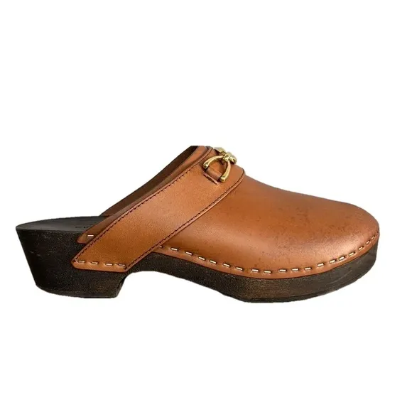 Celine Tan Leather Mule Clogs with Wooden Sole