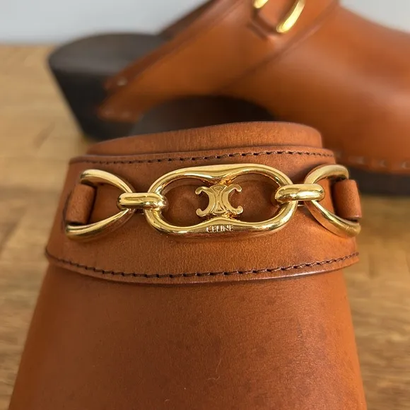 Celine Tan Leather Mule Clogs with Wooden Sole