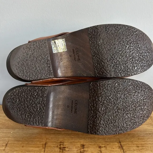 Celine Tan Leather Mule Clogs with Wooden Sole