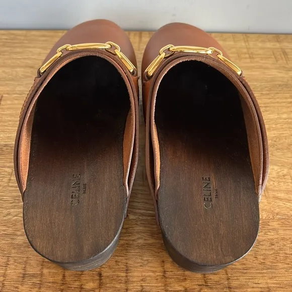 Celine Tan Leather Mule Clogs with Wooden Sole