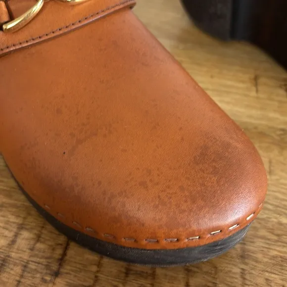 Celine Tan Leather Mule Clogs with Wooden Sole