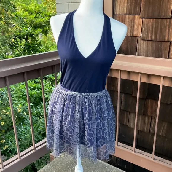 Chan Luu Blue sheer animal print elastic waist full mini skirt detached slip S