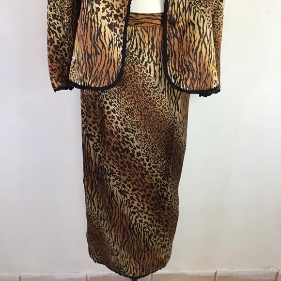 CHANCELLE WOMEN VINTAGE ELGANT 2 PIECE MULTI-ANIMAL PRINT BLAZER SKIRT SET SZ 12
