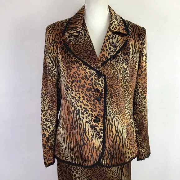 CHANCELLE WOMEN VINTAGE ELGANT 2 PIECE MULTI-ANIMAL PRINT BLAZER SKIRT SET SZ 12