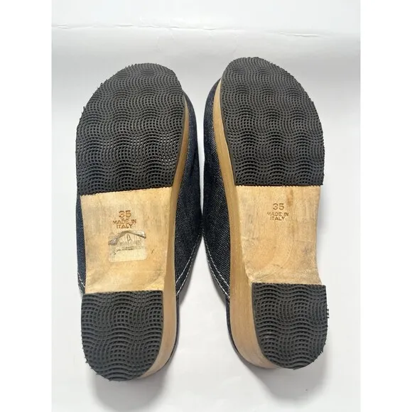 Chanel Denim Clogs w/ Gold CC Accent Wood Sandals Mules Y2K Vintage Sz 35 5
