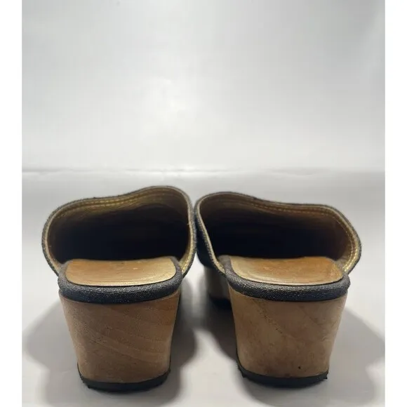 Chanel Denim Clogs w/ Gold CC Accent Wood Sandals Mules Y2K Vintage Sz 35 5