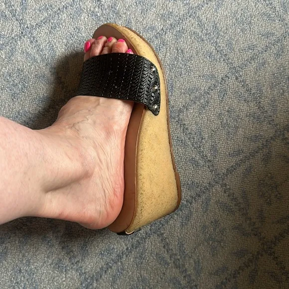 Chanel interlocking slides wedge sandal leather rubber sole authentic 41 10