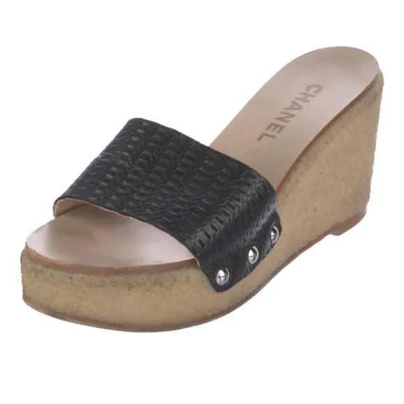 Chanel interlocking slides wedge sandal leather rubber sole authentic 41 10