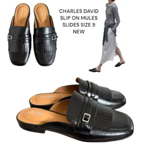 CHARLES DAVID BLACK TASSEL SLIDES SLIP ON MULES SIZE 9 NEW