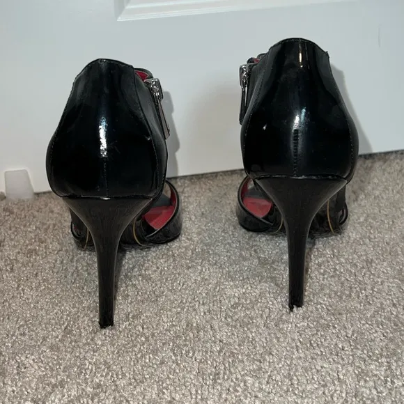 Charles Jourdan Womens Patent Leather Open Toe Stiletto Heels Black Size 8