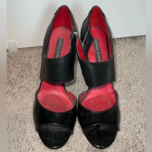 Charles Jourdan Womens Patent Leather Open Toe Stiletto Heels Black Size 8