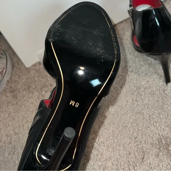 Charles Jourdan Womens Patent Leather Open Toe Stiletto Heels Black Size 8