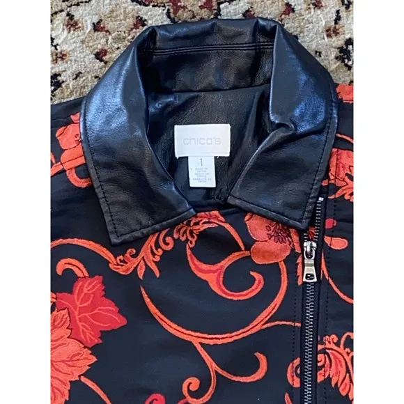 Chico's jacket women's Sz 1 Moto Black Red Floral Jacquard Faux Leather NEW