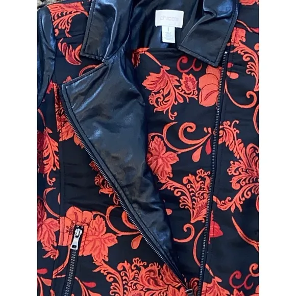 Chico's jacket women's Sz 1 Moto Black Red Floral Jacquard Faux Leather NEW