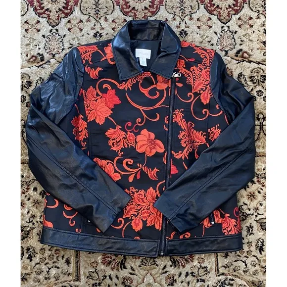 Chico's jacket women's Sz 1 Moto Black Red Floral Jacquard Faux Leather NEW