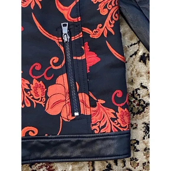 Chico's jacket women's Sz 1 Moto Black Red Floral Jacquard Faux Leather NEW