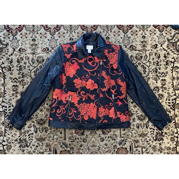 Chico's jacket women's Sz 1 Moto Black Red Floral Jacquard Faux Leather NEW