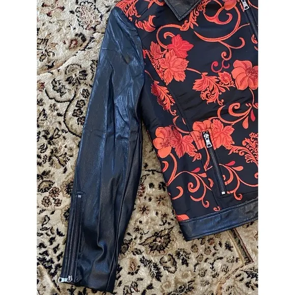 Chico's jacket women's Sz 1 Moto Black Red Floral Jacquard Faux Leather NEW