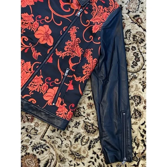 Chico's jacket women's Sz 1 Moto Black Red Floral Jacquard Faux Leather NEW