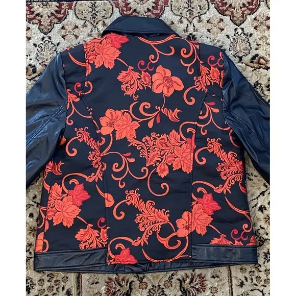 Chico's jacket women's Sz 1 Moto Black Red Floral Jacquard Faux Leather NEW