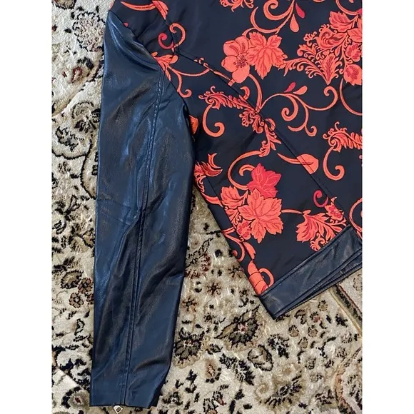 Chico's jacket women's Sz 1 Moto Black Red Floral Jacquard Faux Leather NEW
