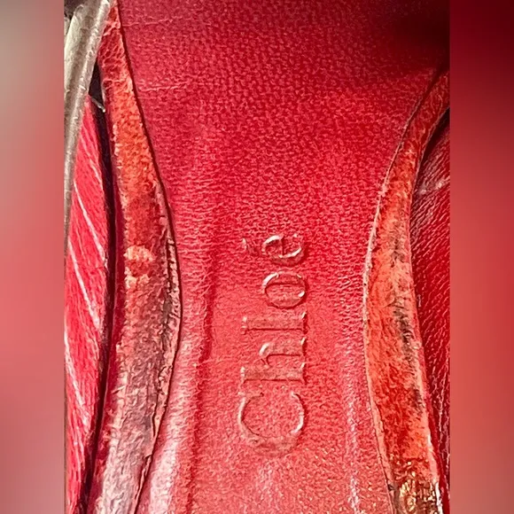 Chloé leather peep-toe block heels w/cutouts, 4” heel, brown w/red int, 37