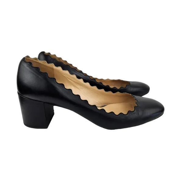 Chloe Black Leather Scallop Block Heel Pumps