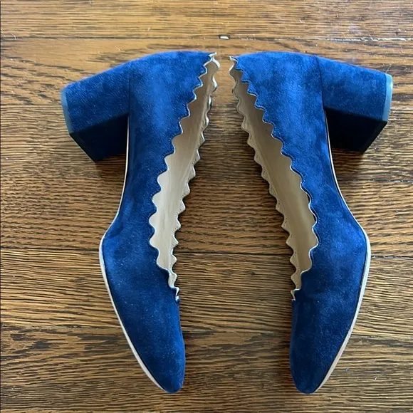 Chloe Blue Suede Scalloped Heels