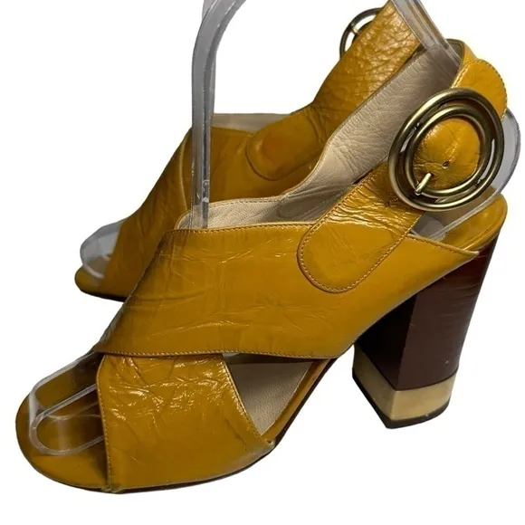 Chloe Women’s 6 Mustard Yellow Patent Criss Cross Leather Block Slingback Heels