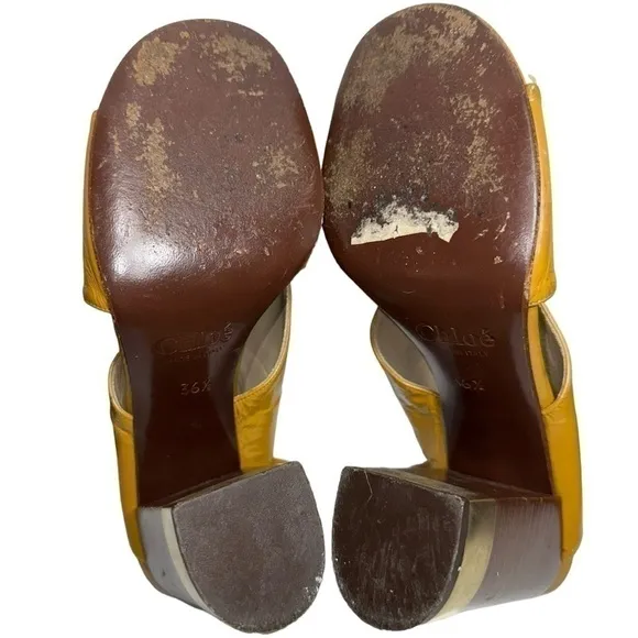 Chloe Women’s 6 Mustard Yellow Patent Criss Cross Leather Block Slingback Heels